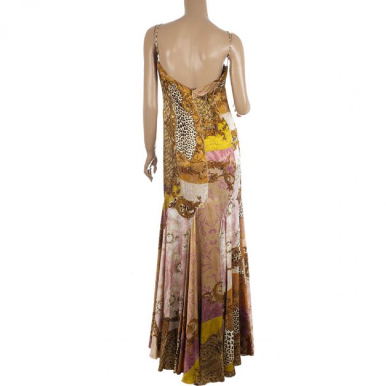 Pre Owned Roberto Cavalli Printed Silk Maxi Cocktail Dress XL
