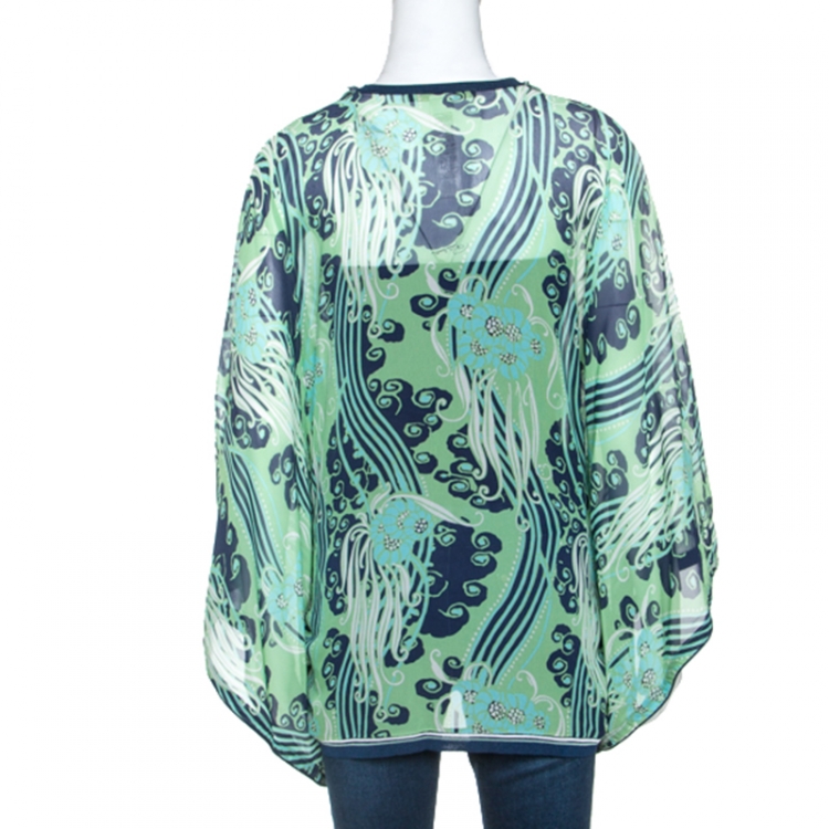 Pre Owned Roberto Cavalli Green and Navy Printed Silk Belted Kimono Top L
