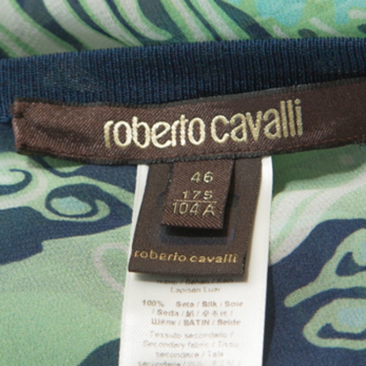 Pre Owned Roberto Cavalli Green and Navy Printed Silk Belted Kimono Top L