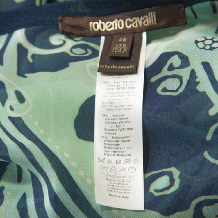 Pre Owned Roberto Cavalli Green and Navy Printed Silk Belted Kimono Top L