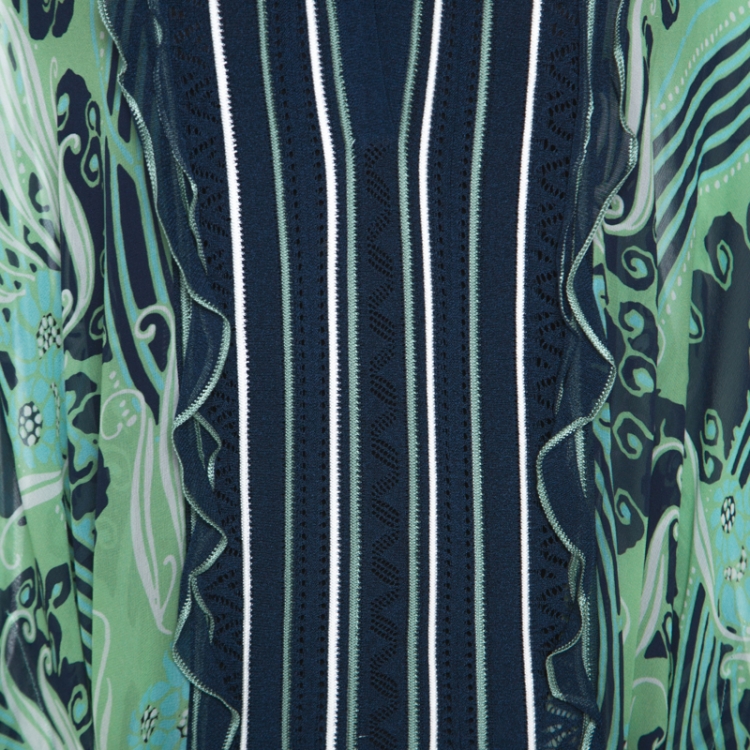 Pre Owned Roberto Cavalli Green and Navy Printed Silk Belted Kimono Top L