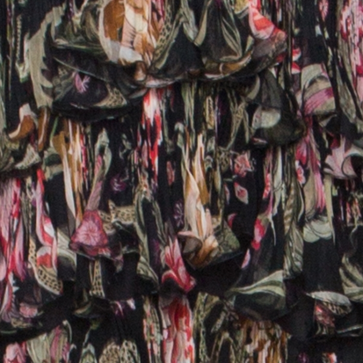 Pre Owned Roberto Cavalli Black Floral Print Silk Tiered Plisse Lace Trim Maxi Dress M