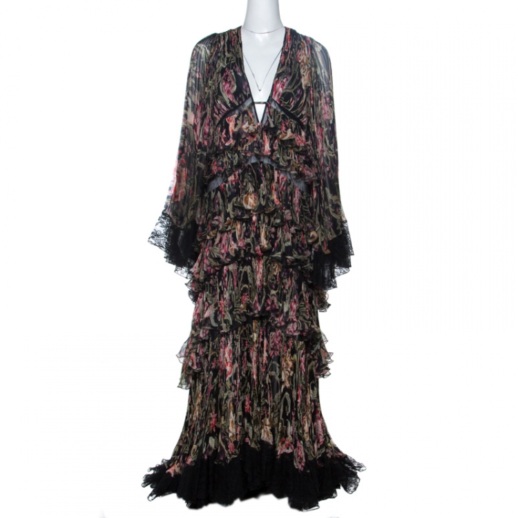 Pre Owned Roberto Cavalli Black Floral Print Silk Tiered Plisse Lace Trim Maxi Dress M