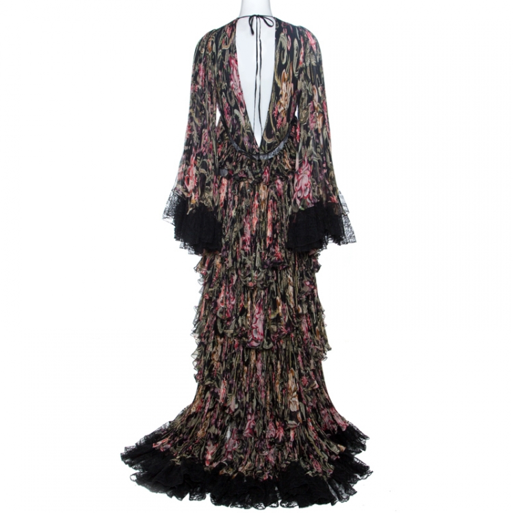 Pre Owned Roberto Cavalli Black Floral Print Silk Tiered Plisse Lace Trim Maxi Dress M