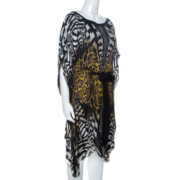 مملوكة مسبقًا Roberto Cavalli Multicolor Animal Printed Silk Belted Kaftan Tunic M