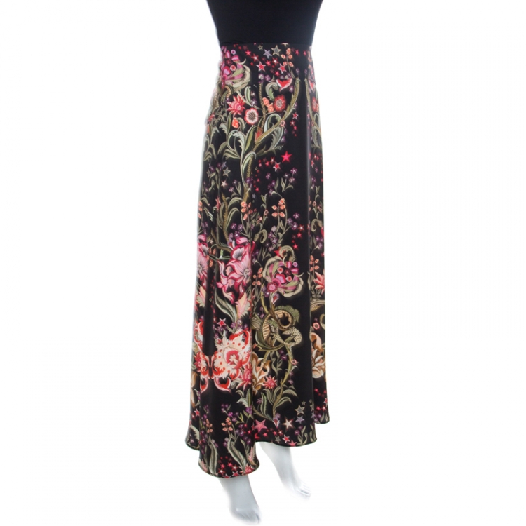 Pre Owned Roberto Cavalli Black Garden Print Silk Maxi Skirt S