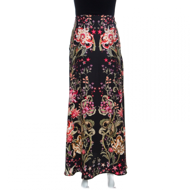 Pre Owned Roberto Cavalli Black Garden Print Silk Maxi Skirt S