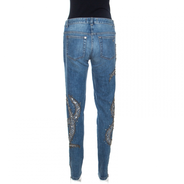 Pre Owned Roberto Cavalli Indigo Faded Effect Denim Embellished Jeans M