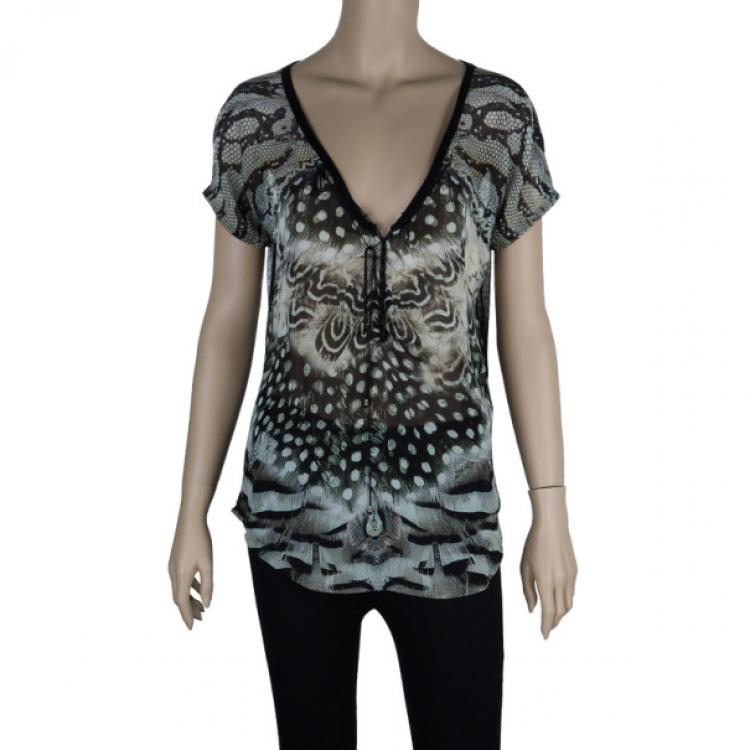 Pre Owned Roberto Cavalli Monochrome Printed Top L