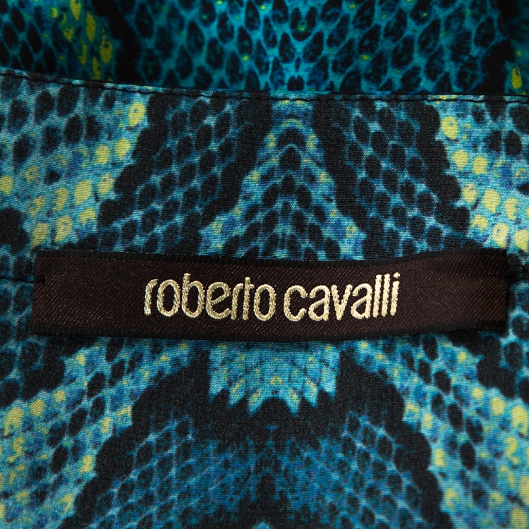 Pre Owned Roberto Cavalli Blue Snakeskin Print Silk Belted Kaftan Dress L