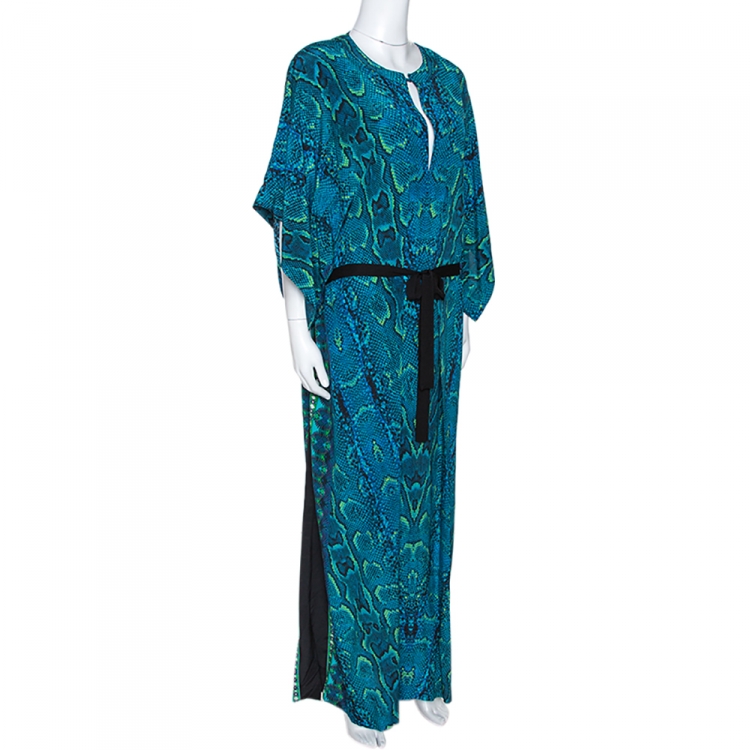 Pre Owned Roberto Cavalli Blue Snakeskin Print Silk Belted Kaftan Dress L