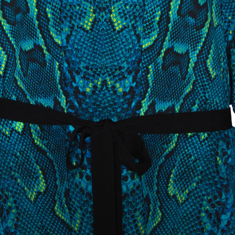 Pre Owned Roberto Cavalli Blue Snakeskin Print Silk Belted Kaftan Dress L