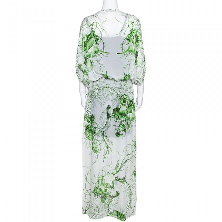 Pre Owned Roberto Cavalli Green Coral Reef Print Silk Embellished Kaftan Dress L