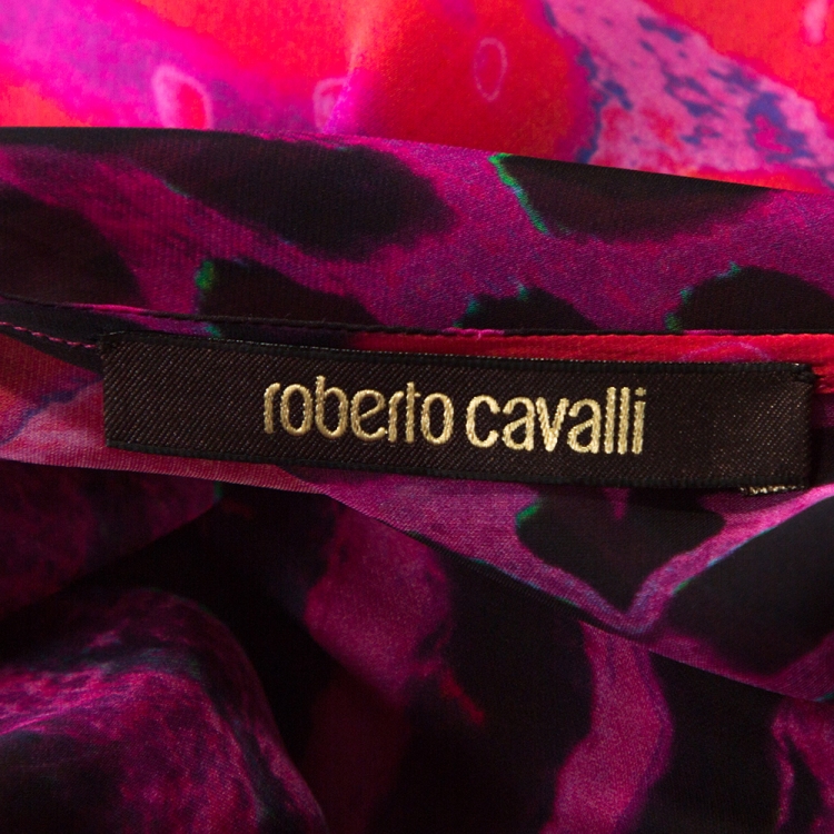 Pre Owned Roberto Cavalli Pink Printed Silk Embellished Neckline Detail Maxi Dress L