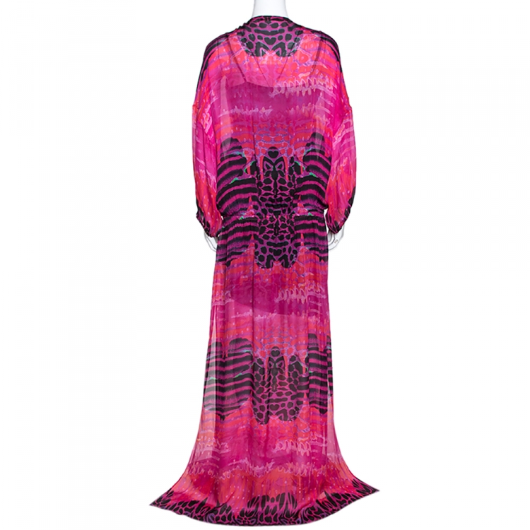Pre Owned Roberto Cavalli Pink Printed Silk Embellished Neckline Detail Maxi Dress L