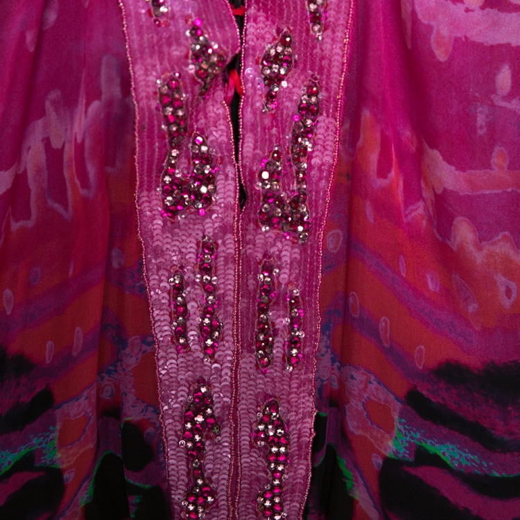 Pre Owned Roberto Cavalli Pink Printed Silk Embellished Neckline Detail Maxi Dress L