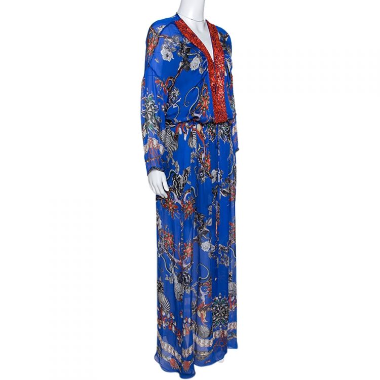 Pre Owned Roberto Cavalli Blue Floral Print Silk Bead Embellished Kaftan Dress M