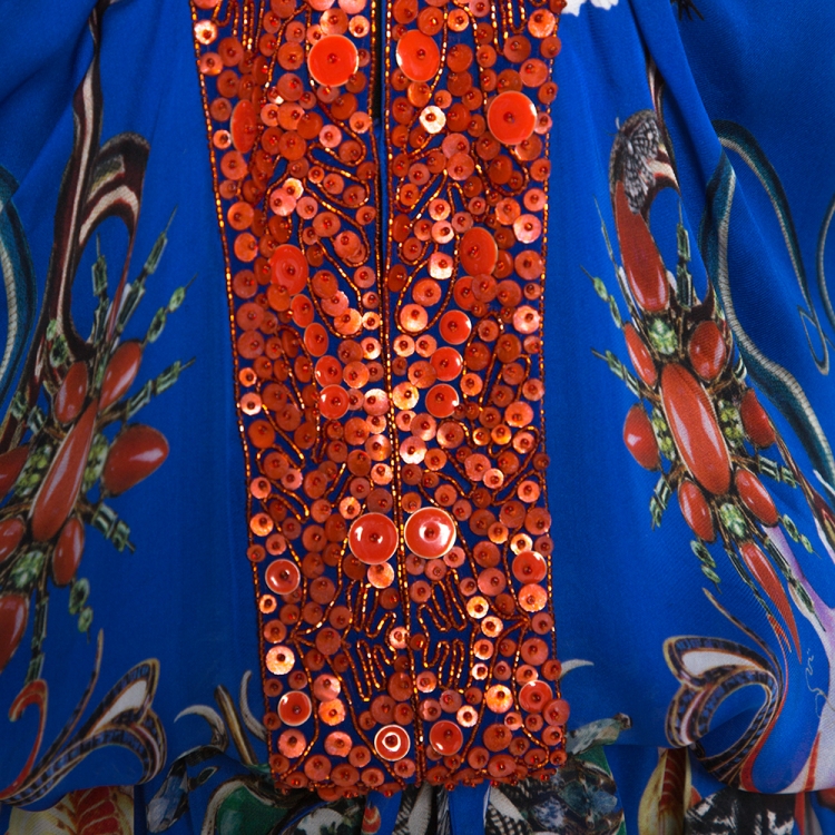 Pre Owned Roberto Cavalli Blue Floral Print Silk Bead Embellished Kaftan Dress M