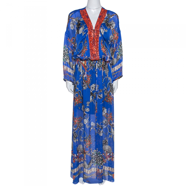 Roberto Cavalli Blue Floral Print Silk Bead Embellished Kaftan Dress M ...