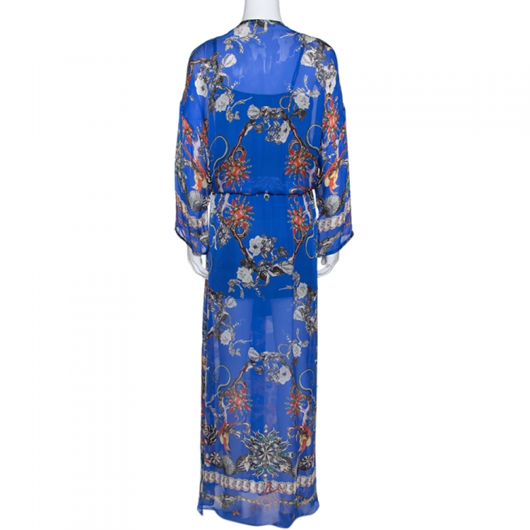 Pre Owned Roberto Cavalli Blue Floral Print Silk Bead Embellished Kaftan Dress M