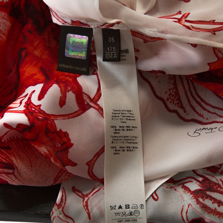 Pre Owned Roberto Cavalli Red & White Coral Reef Print Silk Embellished Kaftan L