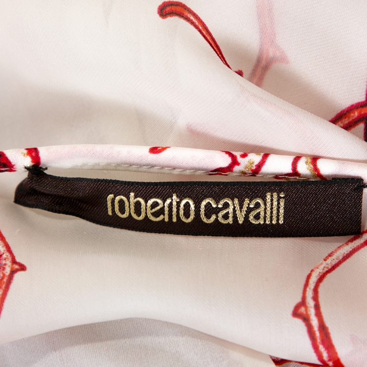 Pre Owned Roberto Cavalli Red & White Coral Reef Print Silk Embellished Kaftan L