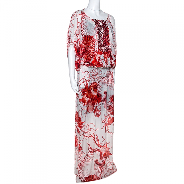Pre Owned Roberto Cavalli Red & White Coral Reef Print Silk Embellished Kaftan L