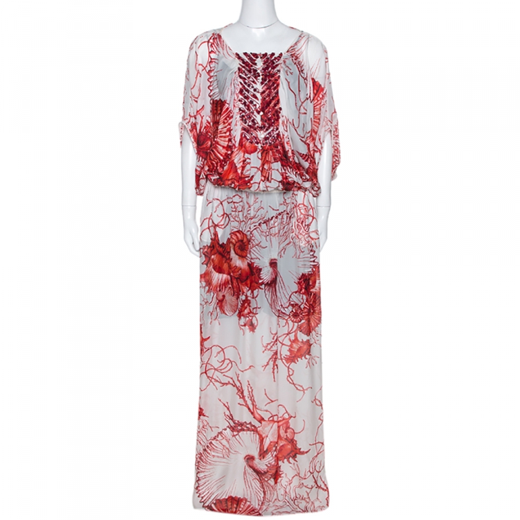 Pre Owned Roberto Cavalli Red & White Coral Reef Print Silk Embellished Kaftan L