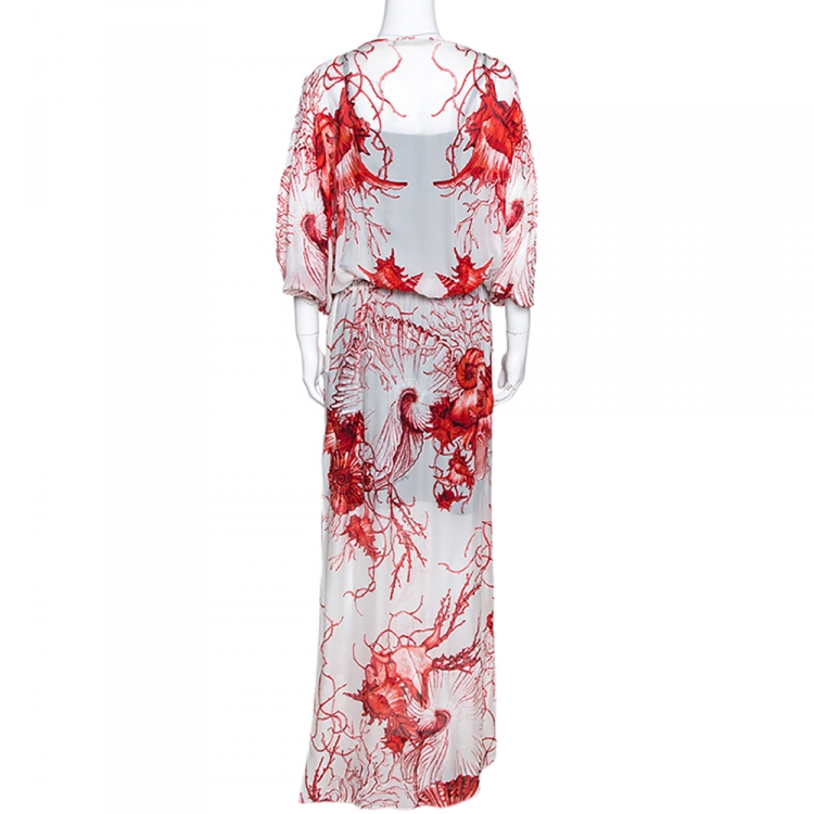 Pre Owned Roberto Cavalli Red & White Coral Reef Print Silk Embellished Kaftan L