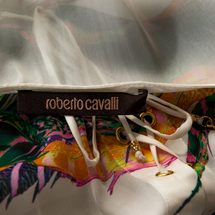 مملوكة مسبقًا Roberto Cavalli Green & White Feather Print Silk Front Slit Detail Kaftan M