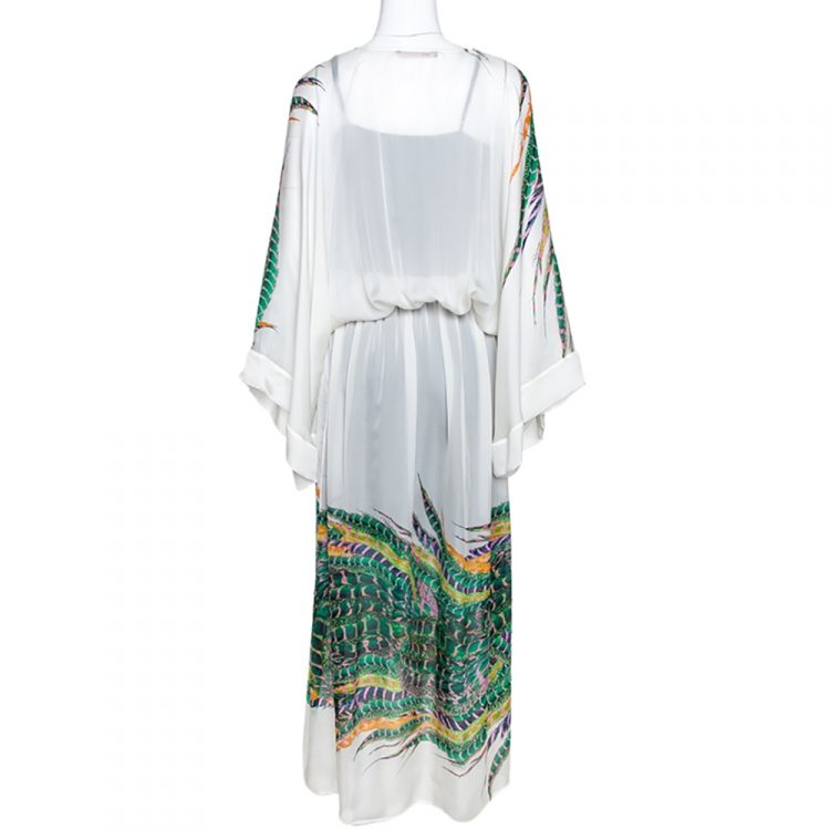 مملوكة مسبقًا Roberto Cavalli Green & White Feather Print Silk Front Slit Detail Kaftan M