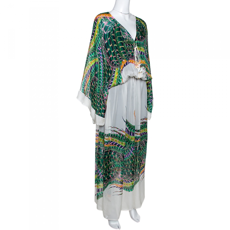 مملوكة مسبقًا Roberto Cavalli Green & White Feather Print Silk Front Slit Detail Kaftan M