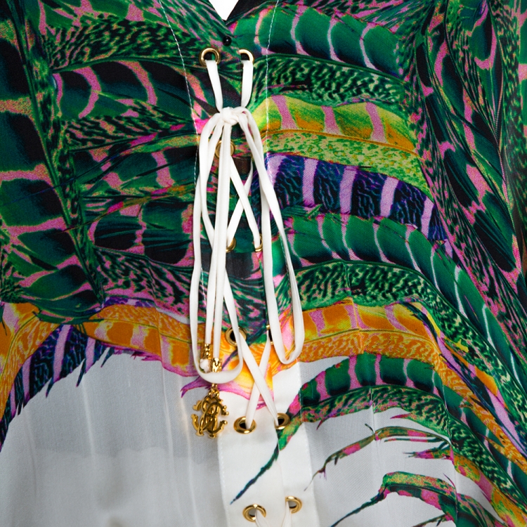 مملوكة مسبقًا Roberto Cavalli Green & White Feather Print Silk Front Slit Detail Kaftan M