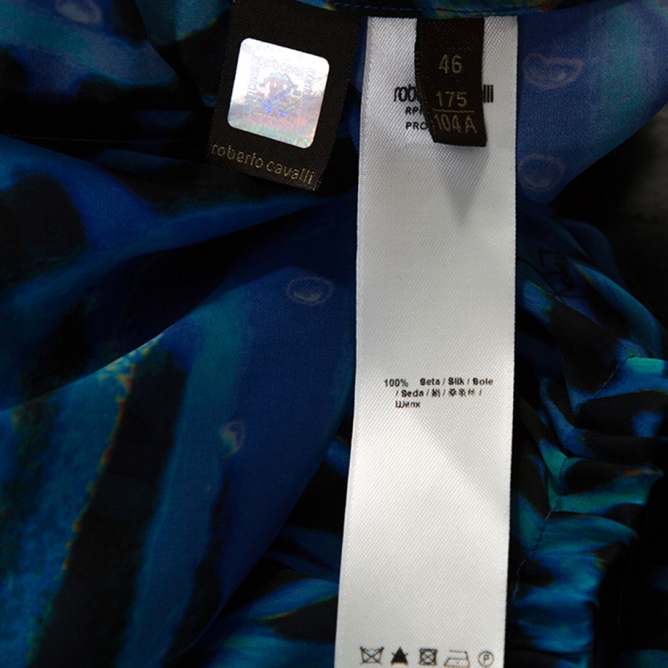 Pre Owned Roberto Cavalli Blue Printed Silk Embellished Neckline Detail Maxi Dress L