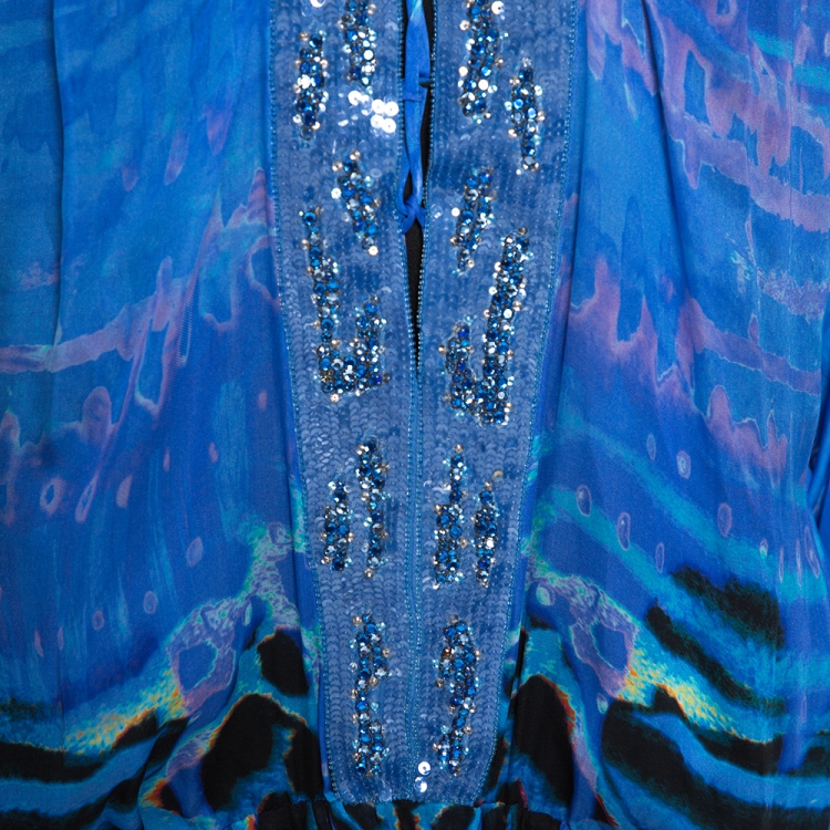 Pre Owned Roberto Cavalli Blue Printed Silk Embellished Neckline Detail Maxi Dress L