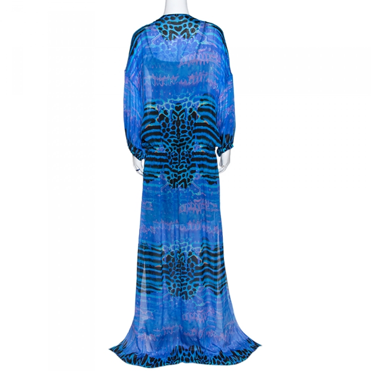 Pre Owned Roberto Cavalli Blue Printed Silk Embellished Neckline Detail Maxi Dress L