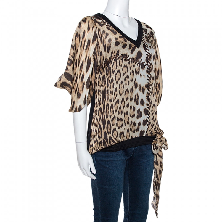 مملوكة مسبقًا Roberto Cavalli Brown Leopard Print Silk Draped Sleeve Blouse L