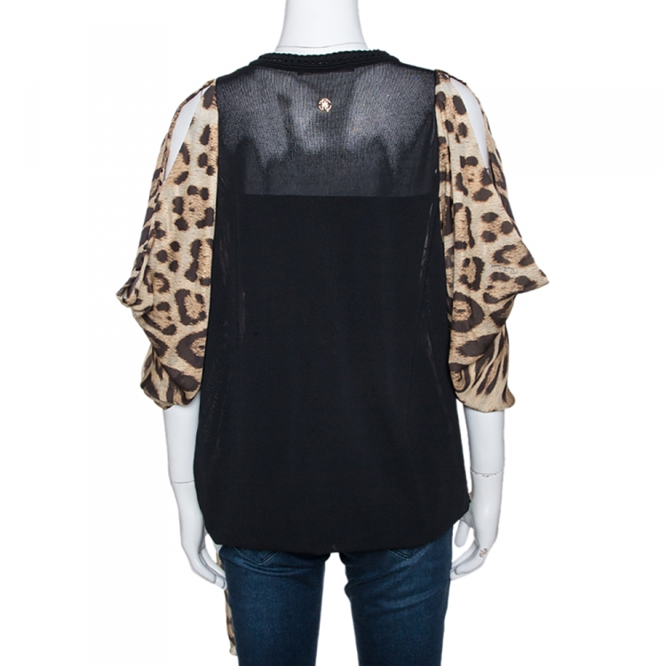 مملوكة مسبقًا Roberto Cavalli Brown Leopard Print Silk Draped Sleeve Blouse L