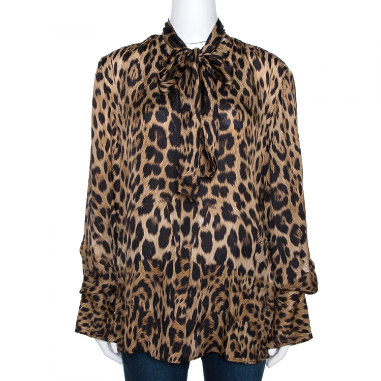 مملوكة مسبقًا Roberto Cavalli Brown Leopard Print Textured Silk Neck Tie Detail Top L