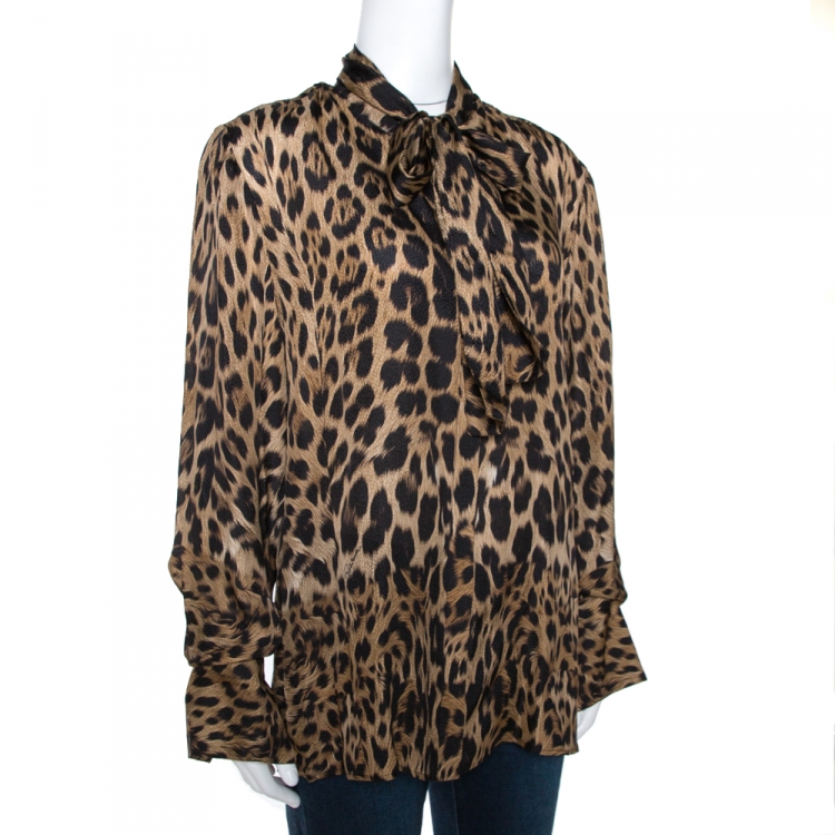 مملوكة مسبقًا Roberto Cavalli Brown Leopard Print Textured Silk Neck Tie Detail Top L