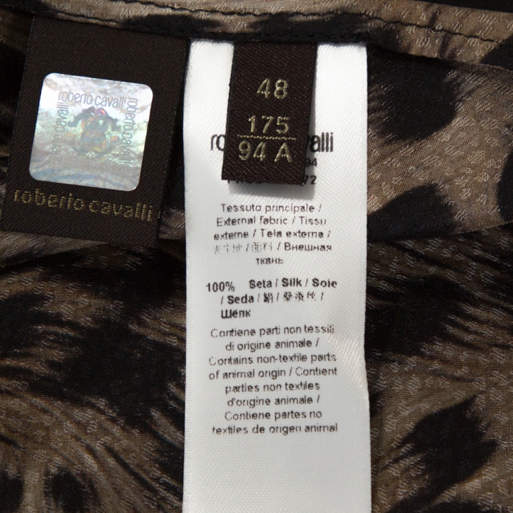مملوكة مسبقًا Roberto Cavalli Brown Leopard Print Textured Silk Neck Tie Detail Top L
