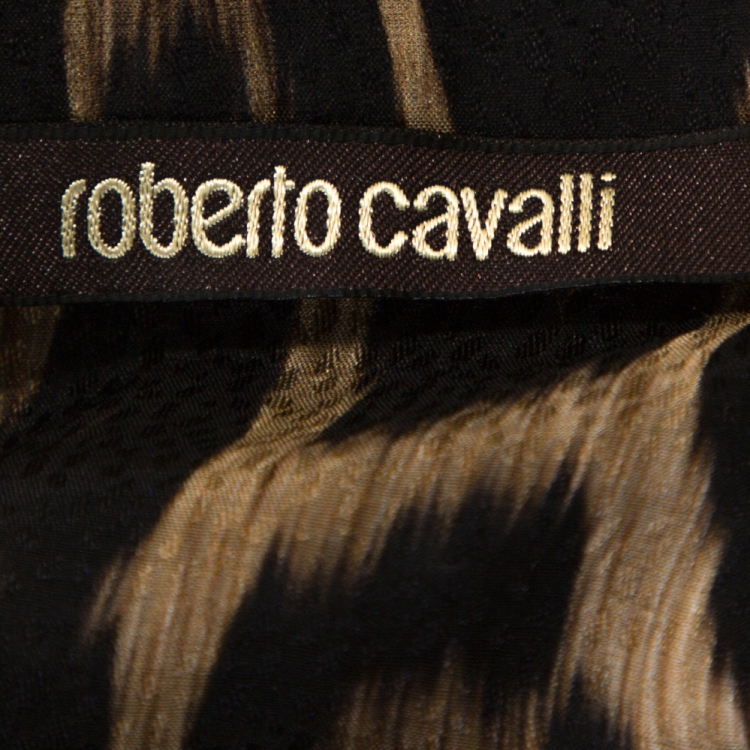مملوكة مسبقًا Roberto Cavalli Brown Leopard Print Textured Silk Neck Tie Detail Top L