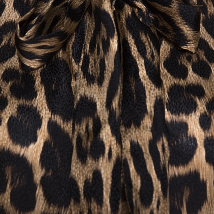 مملوكة مسبقًا Roberto Cavalli Brown Leopard Print Textured Silk Neck Tie Detail Top L
