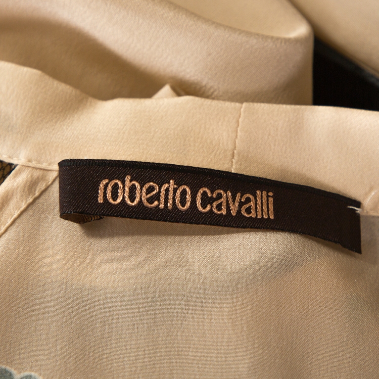 Pre Owned Roberto Cavalli Cream and Black Floral Print Silk Lace Trim Shirt M