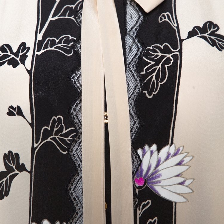 Pre Owned Roberto Cavalli Cream and Black Floral Print Silk Lace Trim Shirt M