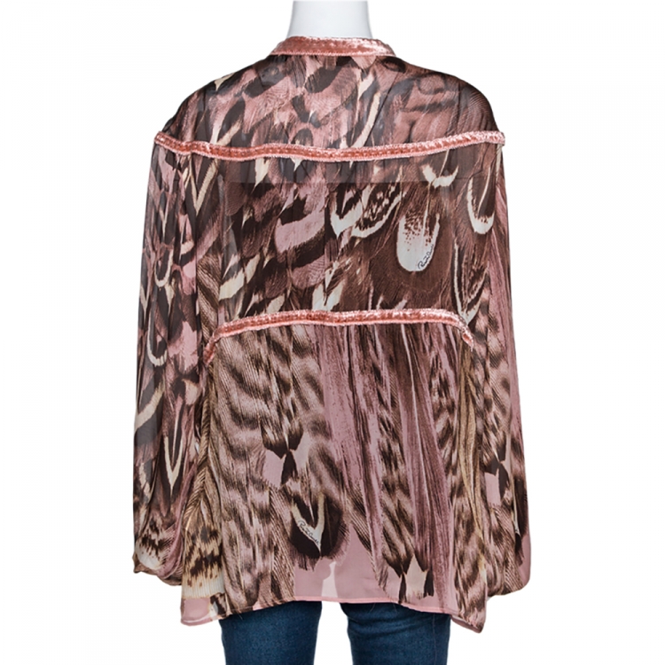 Pre Owned Roberto Cavalli Peach Printed Silk Velvet Trim Sheer Blouse L