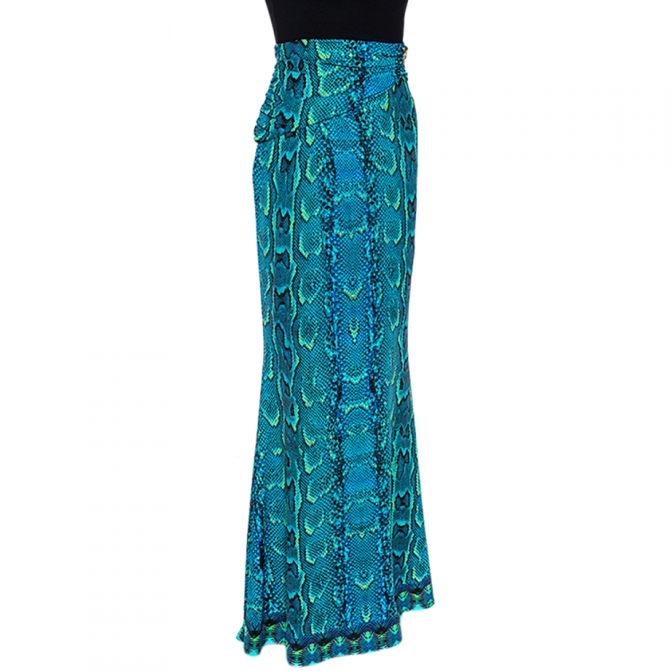 Pre Owned Roberto Cavalli Blue Snakeskin Print Jersey Gathered Waist Maxi Skirt L