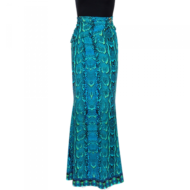 Pre Owned Roberto Cavalli Blue Snakeskin Print Jersey Gathered Waist Maxi Skirt L