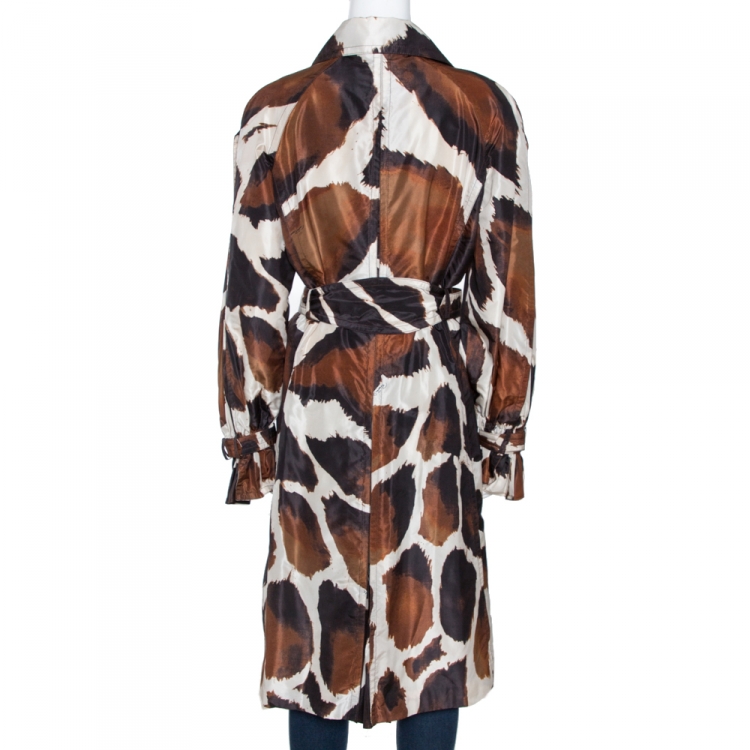Pre Owned Roberto Cavalli Brown Printed Silk Pleat Detail Belted Coat M