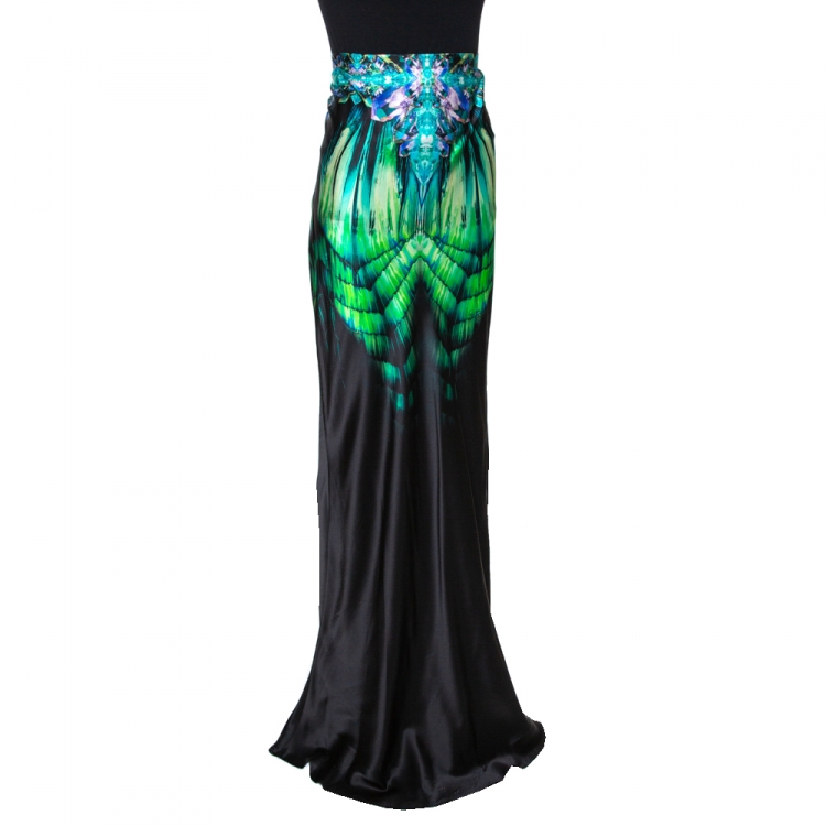 Pre Owned Roberto Cavalli Black Fluorite Crystal Printed Silk Maxi Skirt L